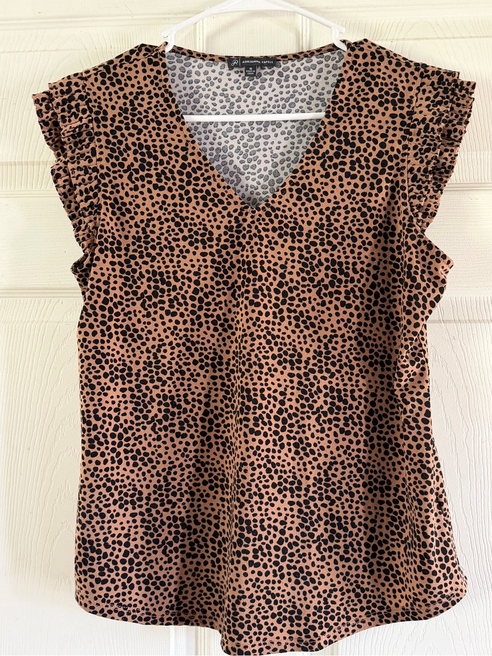 Adrianna Papell Tan and Black Leopard Print V-Neck Ruffle Sleeve Camisole